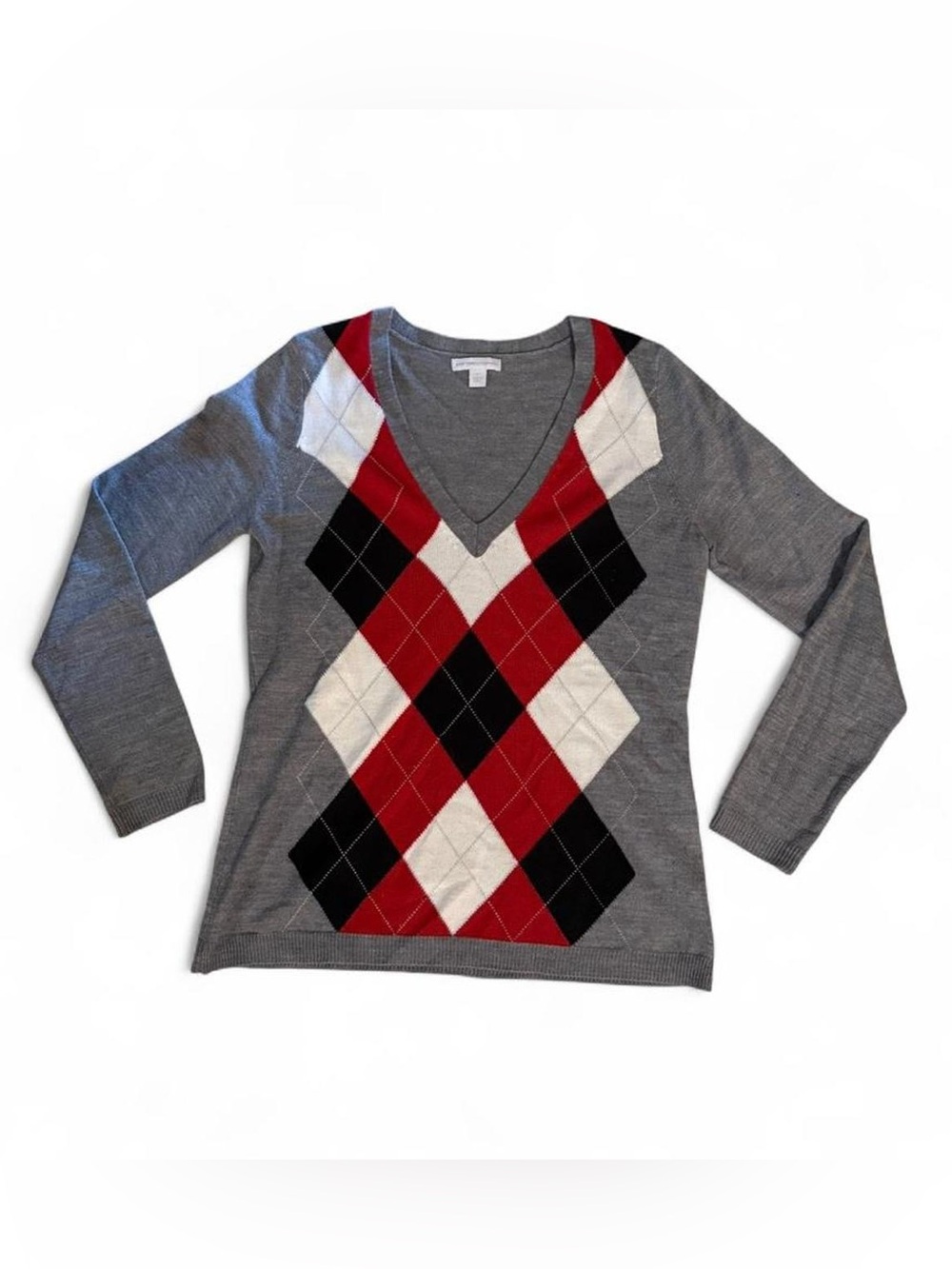 Women’s Gray V-Neck Argyle Sweater with Red & Black Pattern